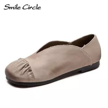 Женские туфли на плоской подошве из натуральной кожи, сандалии с круглой головкой и мягкой подошвой, модная удобная повседневная обувь 35 бежевый