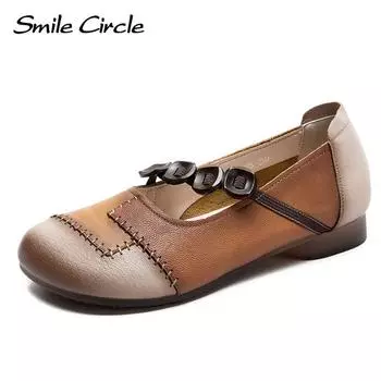 Женские туфли на плоской подошве из натуральной кожи, сандалии с круглой головкой, модная удобная повседневная обувь