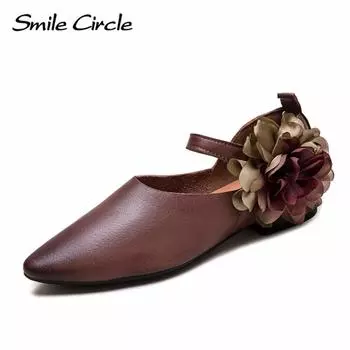 Женские туфли на плоской подошве из натуральной кожи с острым носком, сандалии с мягкой подошвой, удобные повседневные туфли с цветочным узором 35 коричневый