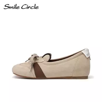 Женские туфли на плоской подошве из натуральной кожи с круглым носком, балетки на шнуровке, удобные модные кроссовки 35 бежевый