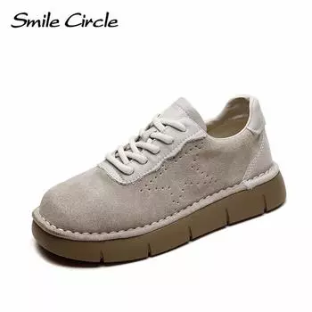 Женские туфли на плоской подошве из натуральной кожи с круглым носком и шнуровкой, модная удобная повседневная обувь 35 бежевый