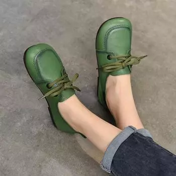 Женские туфли на плоской подошве из натуральной кожи, повседневные лоферы на шнуровке с круглым носком, удобные винтажные зеленые туфли ручной работы на мягкой подошве 35 зелёный