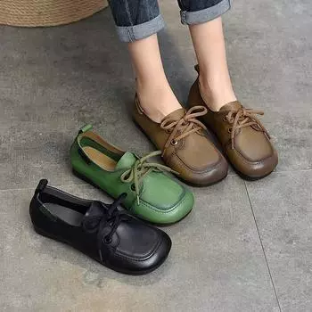 Женские туфли на плоской подошве из натуральной кожи, повседневные лоферы на шнуровке с круглым носком, удобные винтажные зеленые туфли ручной работы на мягкой подошве 35 зелёный