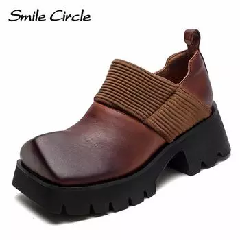 Женские туфли на плоской подошве из натуральной кожи, низкие туфли без шнуровки с квадратным носком, модные удобные толстые туфли 35 чёрный