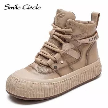 Женские туфли на плоской подошве из натуральной кожи, высокие кроссовки на шнуровке, модная удобная повседневная обувь