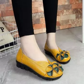 Женские туфли на плоской подошве из спилковой кожи с цветочным принтом 2024 года, весенние женские мокасины без застежек, женские желтые туфли на плоской подошве с неглубокой подошвой, винтажные CN 35 красный