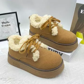 Женские туфли на плоской подошве из замши и меха на платформе, теплые, плюшевые, хлопковые, повседневные, спортивные, зимние, 2024, трендовые, на шнуровке, зимние ботинки Zapatos Mujer 35 коричневый