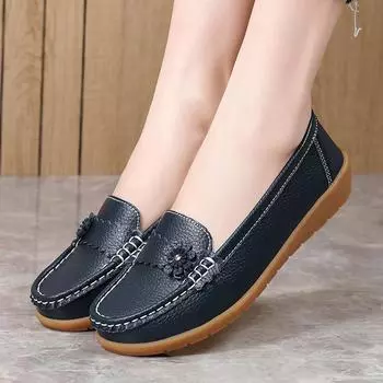 Женские туфли на плоской подошве, кожаные мокасины, мокасины с цветочным принтом, повседневные летние туфли для медсестер для мам, большой размер 36 чёрный