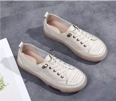 Женские туфли на плоской подошве, летние дышащие повседневные туфли с вырезами, женские белые туфли на плоской подошве из натуральной кожи с мягкой подошвой, женские туфли 35 бежевый