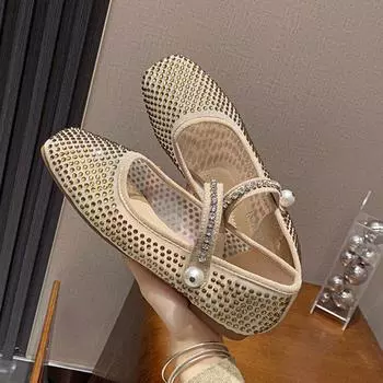 Женские туфли на плоской подошве, модные балетки с квадратным носком и кристаллами, женские балетки на плоской подошве, удобные туфли Мэри Джейн со стразами 35 бежевый