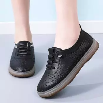 Женские туфли на плоской подошве, мягкие, повседневные, элегантные, летние, дышащие, кожаные мокасины, большой размер 35 чёрный
