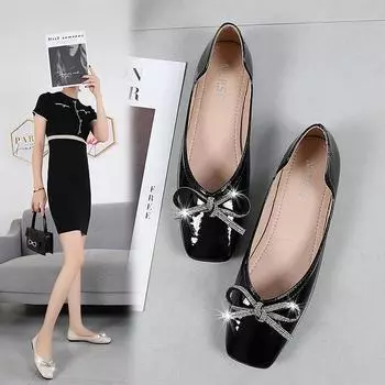 Женские туфли на плоской подошве на низком каблуке. Удобные прогулочные туфли с квадратным закрытым носком. Повседневные балетки с бантом. Нескользящие нарядные туфли для женщин. Легкие туфли на плоской подошве. 35 чёрный