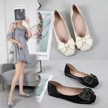 Женские туфли на плоской подошве на низком каблуке. Удобные прогулочные туфли с квадратным закрытым носком и бантом. Повседневные балетки. Нескользящие нарядные туфли для женщин. Легкие туфли на плоской подошве. 35 чёрный