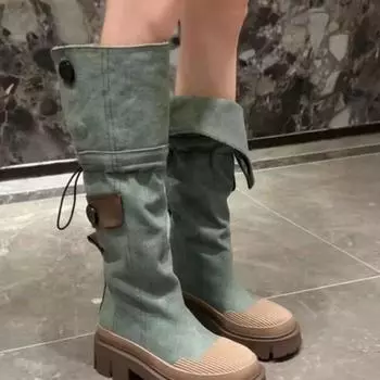 Женские туфли на плоской подошве на платформе, модные джинсовые ботинки челси, дизайнерские ботинки до колена, повседневные готические ботинки, зимние ботинки женские 35