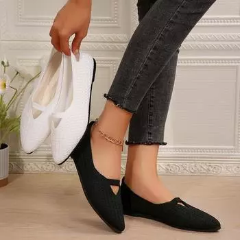 Женские туфли на плоской подошве, новинка 2024 года, туфли-лодочки с острым носком, офисные туфли-лодочки, однотонные трикотажные туфли без застежек, повседневные туфли на плоской подошве, женские лоферы 36 чёрный