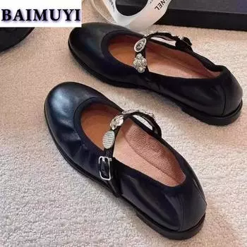 Женские туфли на плоской подошве, новинка осени, дизайнерская обувь Marie Janes 2025 года, балетные туфли для танцев, кожаное платье в стиле Лолита, Zapatillas Mujer 35 чёрный