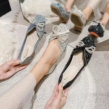 Женские туфли на плоской подошве. Новые осенние мокасины с бантом и жемчугом. Женские туфли на плоской подошве с квадратным носком. Легкие повседневные туфли-лоферы без застежек в стиле ретро. 33 чёрный