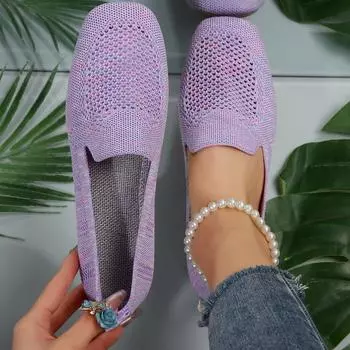 Женские туфли на плоской подошве, новые повседневные туфли на квадратном каблуке с открытым носком, летние кроссовки, мокасины, женские трикотажные туфли на плоской подошве для женщин 35 чёрный