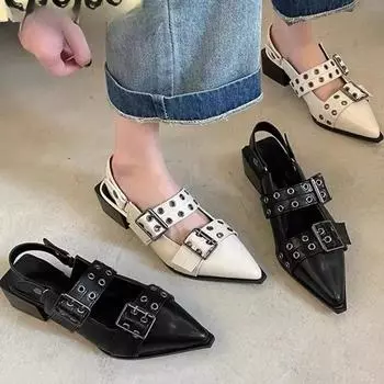 Женские туфли на плоской подошве, новые туфли Мэри Джейн во французском стиле с острым носком, женские туфли с пряжкой, модные женские кожаные туфли с открытой пяткой, женские мюли 34 чёрный