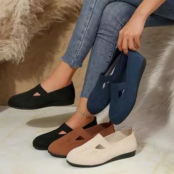 Женские туфли на плоской подошве, осенние повседневные туфли-лоферы, кроссовки с плоским каблуком и круглым носком, женские трикотажные туфли с сетчатой подошвой и дышащей отделкой 36 бежевый