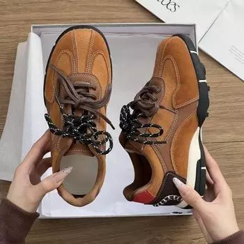 Женские туфли на плоской подошве Повседневные кроссовки Спортивная обувь Замшевые туфли на платформе Женская обувь Осень 2025 Трендовые кроссовки Модные кроссовки на шнуровке Zapatos Mujer 35 коричневый