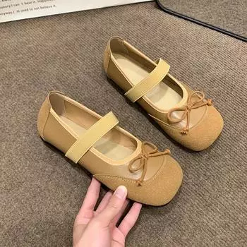 Женские туфли на плоской подошве с бантом, новые осенние туфли с квадратным носком, неглубоким воротом, пряжкой в одну линию, мягкой подошвой, нескользящие одинарные туфли 35