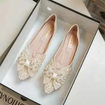 Женские туфли на плоской подошве с бриллиантовым бантом, женская осенняя мода, дышащая рабочая обувь, женская повседневная обувь для отдыха на природе, женская обувь с острым носком, мелкий большой размер 43 33 абрикосовый