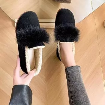 Женские туфли на плоской подошве с круглым носком для теплых прогулок, зимняя мода 2024 года, новая повседневная хлопковая обувь для путешествий 35 чёрный