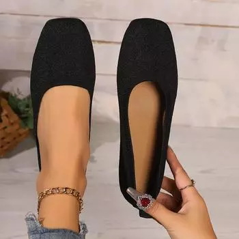 Женские туфли на плоской подошве с квадратным носком, однотонные вязаные кроссовки без застежек, женские повседневные дышащие балетки на плоской подошве, туфли для женщин 36 бежевый