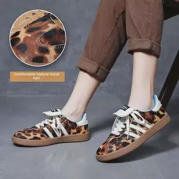 Женские туфли на плоской подошве с леопардовым принтом в немецком стиле, осень 2024 г.: Модный конский волос, толстая подошва, универсальная натуральная кожа 38 чёрный