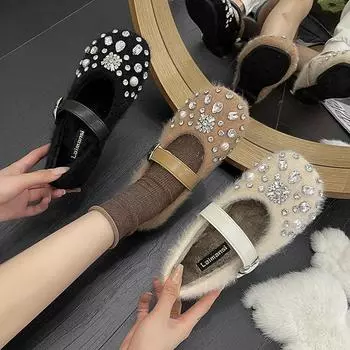 Женские туфли на плоской подошве с мехом, брендовые роскошные туфли, зимняя модная обувь 2025 года, новое платье из хлопка для танцев 35 хаки