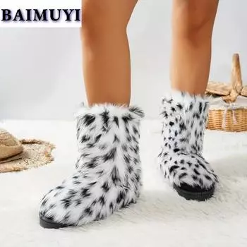 Женские туфли на плоской подошве с меховым плюшем, дизайнерские ботильоны для снега, трендовая женская обувь 2025 года, теплые удобные ботинки Zapatos Mujeres 36 чёрный