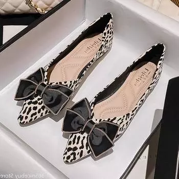 Женские туфли на плоской подошве с острым носком, модные повседневные топсайдеры большого размера с леопардовым принтом, красивые лоферы без шнуровки с бантом 35 бежевый