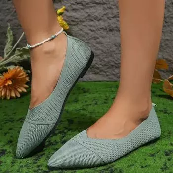 Женские туфли на плоской подошве с острым носком, однотонные трикотажные туфли без застежек, повседневные дышащие балетки для женщин, туфли на плоской подошве, женские мокасины 36 чёрный