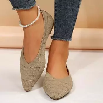 Женские туфли на плоской подошве с острым носком, однотонные вязаные туфли без шнуровки, повседневные дышащие балетки на плоской подошве, женские туфли на плоской подошве, женские лоферы 36 хаки
