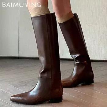 Женские туфли на плоской подошве с острым носком, модные кожаные туфли 2025 года, высокие дизайнерские готические классические зимние мотоциклетные ботинки женские 35 чёрный