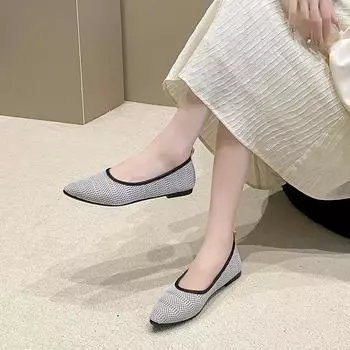 Женские туфли на плоской подошве с острым носком, однотонные вязаные туфли без шнуровки, повседневные дышащие балетки на плоской подошве, женские туфли на плоской подошве, женские лоферы 36 светло-серый