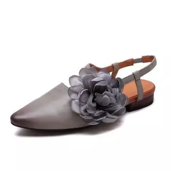 Женские туфли на плоской подошве с открытой пяткой и цветочным узором из натуральной кожи, элегантные, с острым носком, на низком каблуке, удобные туфли 35 серый