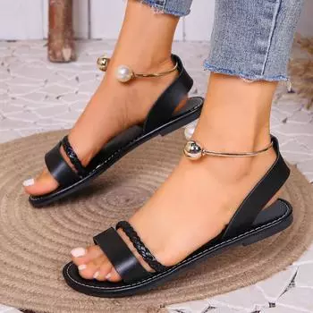 Женские туфли на плоской подошве Сандалии Женская плетеная обувь с цепочкой 43 чёрный