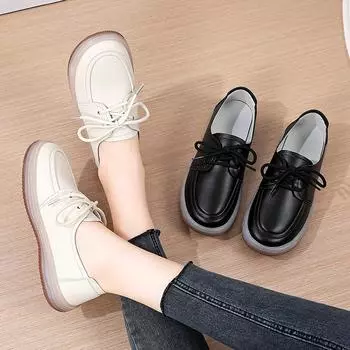 Женские туфли на плоской подошве со шнуровкой из кожи для вождения, удобные повседневные туфли для школьников и студентов, прогулочные туфли в стиле минимализма EU: 36 чёрный
