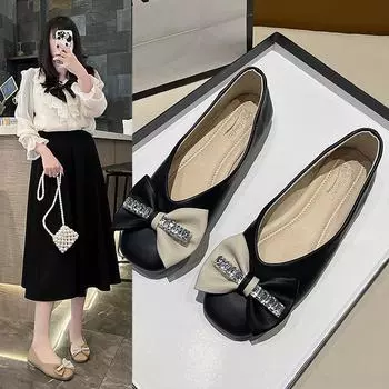 Женские туфли на плоской подошве со стразами и бантом, туфли из искусственной кожи с квадратным носком, рабочие туфли на плоской подошве, удобные модные лоферы без шнуровки на низком каблуке для женщин, свадьба 35 белый