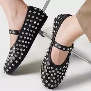 Женские туфли на плоской подошве, стильные женские туфли Мэри Джейн с кристаллами, балетки, сетчатые полые женские туфли, повседневные удобные туфли на плоской подошве из мягкой кожи 35 чёрный
