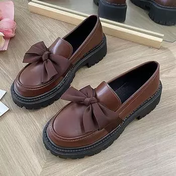 Женские туфли на плоской подошве, туфли из искусственной кожи с бантом, новые женские лоферы на толстом каблуке, женская модная удобная повседневная обувь 35
