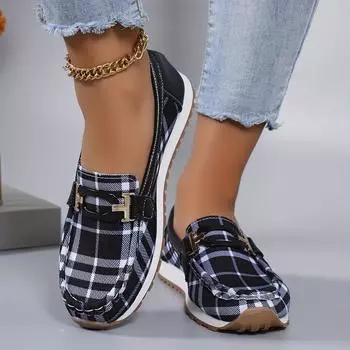 Женские туфли на плоской подошве, украшенные пряжками, повседневные бахилы в клетку, легкие низкие туфли 36 чёрный