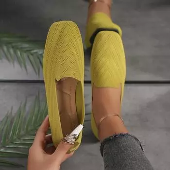 Женские туфли на плоской подошве Весенние однотонные мокасины с квадратным носком из сетки Неглубокие мягкие трикотажные кроссовки Повседневные туфли на плоской подошве для женщин 36 бежевый