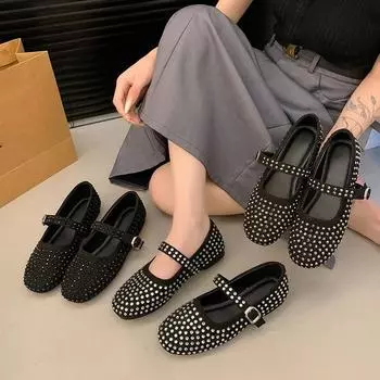Женские туфли на плоской подошве Vulcanize Designer Loafers Diamond Rivet Туфли Mary Jane Женские туфли на плоской подошве с кристаллами и заклепками Балетки Lolita 35