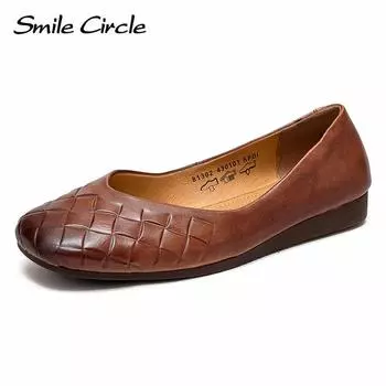 Женские туфли на плоской подошве в клетку из натуральной кожи. Винтажная модная повседневная обувь. Удобная женская кожаная обувь с низким берцем. 35 коричневый