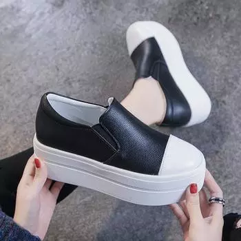 Женские туфли на плоской подошве весна-осень из натуральной кожи, женские туфли без застежек, повседневные кроссовки на толстой подошве белого/черного цвета на платформе 34 белый