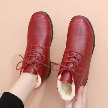 Женские туфли на шнуровке из хлопка для женщин среднего и пожилого возраста. Теплые зимние непромокаемые полусапожки с флисовой подкладкой для мам. Короткие нескользящие ботинки на плоской подошве для бабушек. 35