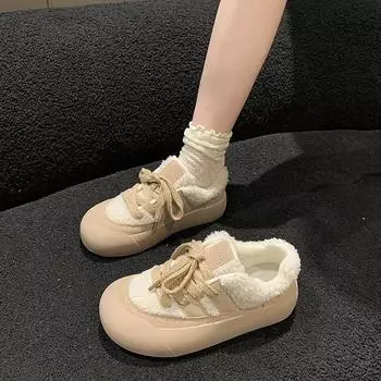 Женские туфли на шнуровке с цветными блоками на толстой подошве 2024 года, женские туфли с цветными блоками, зимние новые теплые повседневные туфли из хлопка со шнуровкой 35 абрикосовый